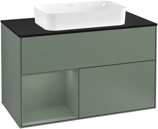 VILLEROY BOCH Toaletní skříňka Finion, s osvětlením, 2 výsuvy, 1000 x 603 x 501 mm, olivově matný lak / olivově matný lak / sklo černé matné #F242GMGM
