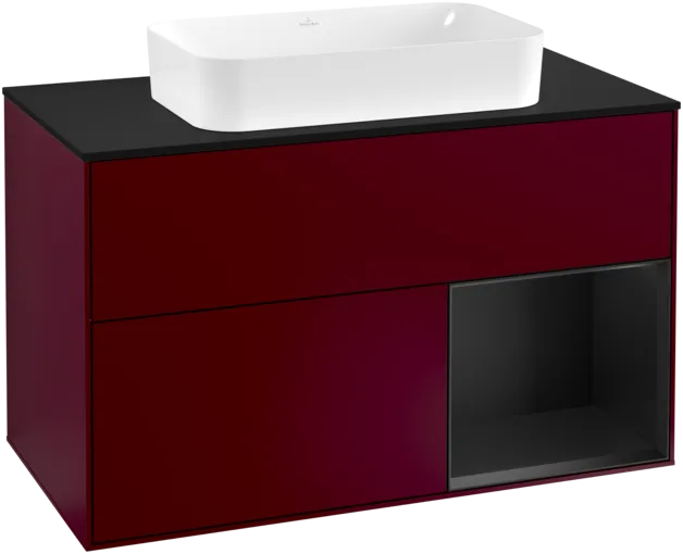 VILLEROY BOCH Toaletní skříňka Finion, s osvětlením, 2 výsuvy, 1000 x 603 x 501 mm, Peony Matt Lacquer / Black Matt Lacquer / Glass Black Matt #F252PDHB
