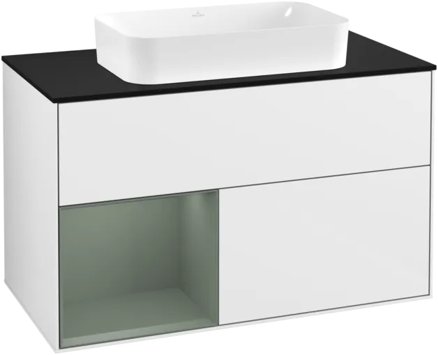 VILLEROY BOCH Toaletní skříňka Finion, s osvětlením, 2 výsuvy, 1000 x 603 x 501 mm, lesklý bílý lak / olivově matný lak / černé matné sklo #F242GMGF