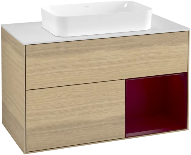 VILLEROY BOCH Toaletní stolek Finion, s osvětlením, 2 výsuvy, 1000 x 603 x 501 mm, dubová dýha / matný lak Pivoňka / matné bílé sklo #F251HBPC