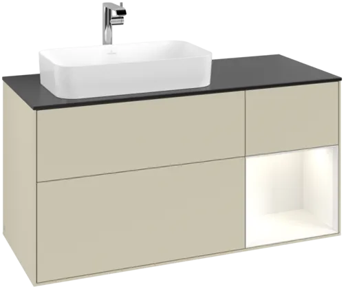 VILLEROY BOCH Toaletní skříňka Finion, s osvětlením, 3 výsuvy, 1200 x 603 x 501 mm, hedvábně šedý matný lak / lesklý bílý lak / černé matné sklo #F282GFHJ