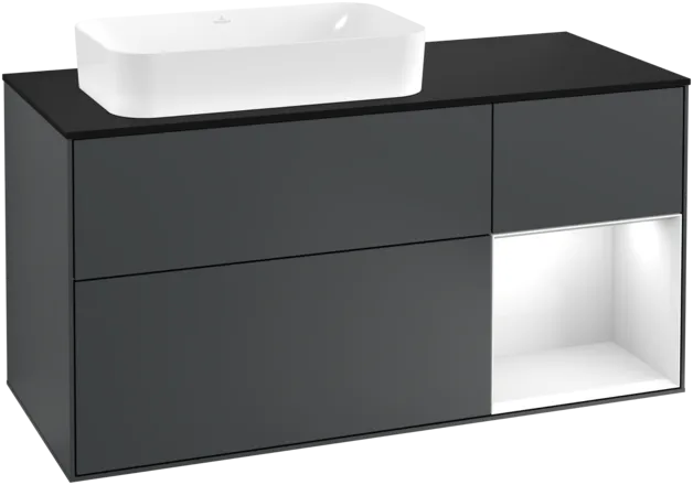 VILLEROY BOCH Toaletní skříňka Finion, s osvětlením, 3 výsuvy, 1200 x 603 x 501 mm, Midnight Blue Matt Lacquer / Glossy White Lacquer / Glass Black Matt #F282GFHG