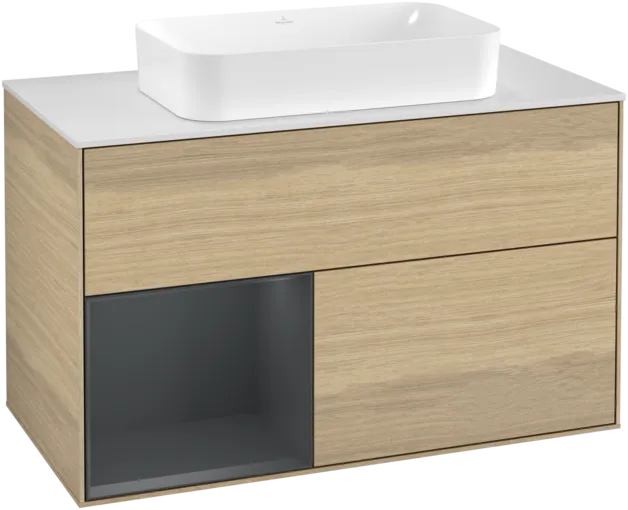 VILLEROY BOCH Toaletní skříňka Finion, s osvětlením, 2 výsuvy, 1000 x 603 x 501 mm, dubová dýha / půlnočně modrý matný lak / bílé matné sklo #F241HGPC
