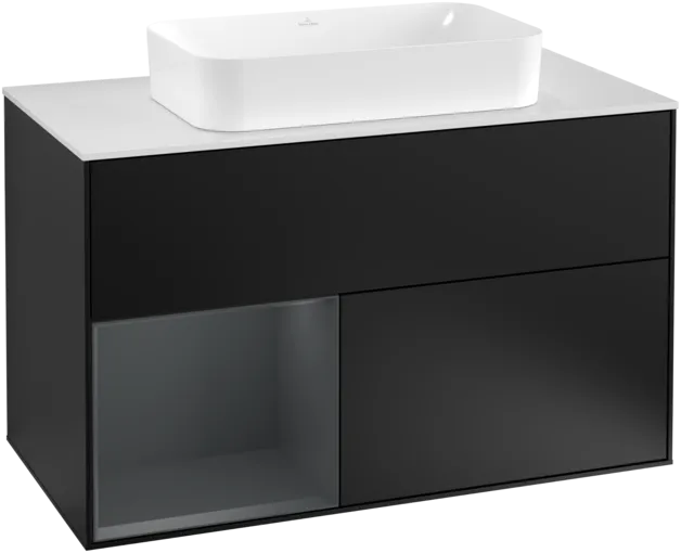 VILLEROY BOCH Toaletní skříňka Finion, s osvětlením, 2 výsuvy, 1000 x 603 x 501 mm, černý matný lak / půlnoční modrý matný lak / bílé matné sklo #F241HGPD