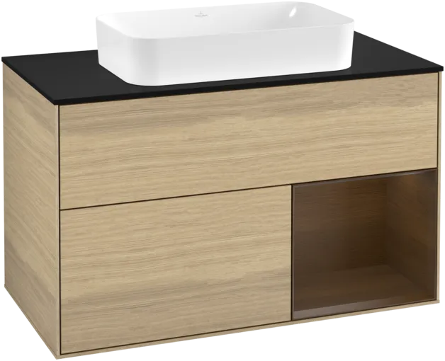 VILLEROY BOCH Toaletní stolek Finion, s osvětlením, 2 výsuvy, 1000 x 603 x 501 mm, dubová dýha / ořechová dýha / sklo černé matné #F252GNPC