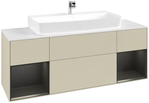 VILLEROY BOCH Toaletní skříňka Finion, s osvětlením, 4 výsuvy, 1600 x 603 x 501 mm, hedvábně šedý matný lak / černý matný lak / bílé matné sklo #F211PDHJ