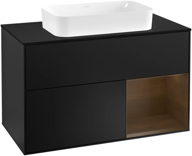 VILLEROY BOCH Toaletní skříňka Finion, s osvětlením, 2 výsuvy, 1000 x 603 x 501 mm, černý matný lak / ořechová dýha / černé matné sklo #F252GNPD