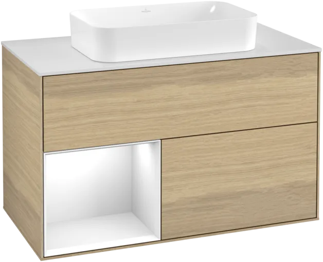 VILLEROY BOCH Toaletní stolek Finion, s osvětlením, 2 výsuvy, 1000 x 603 x 501 mm, dubová dýha / lesklý bílý lak / sklo bílé matné #F241GFPC
