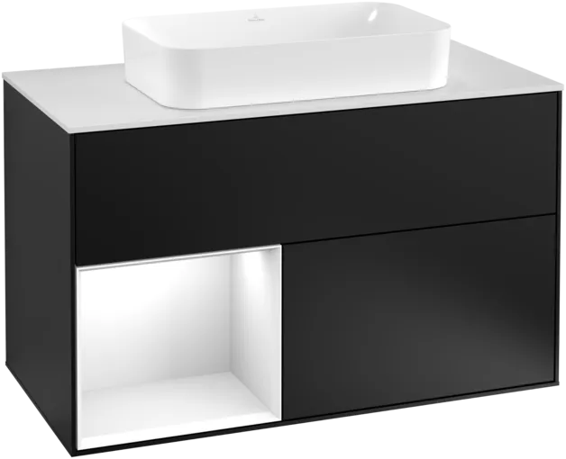 VILLEROY BOCH Toaletní skříňka Finion, s osvětlením, 2 výsuvy, 1000 x 603 x 501 mm, černý matný lak / bílý lesklý lak / bílé matné sklo #F241GFPD
