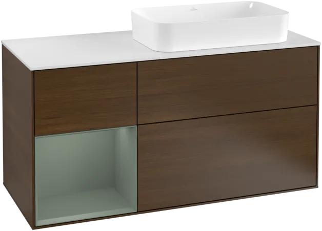 VILLEROY BOCH Toaletní stolek Finion, s osvětlením, 3 výsuvy, 1200 x 603 x 501 mm, ořechová dýha / olivový matný lak / sklo bílé matné #F271GMGN