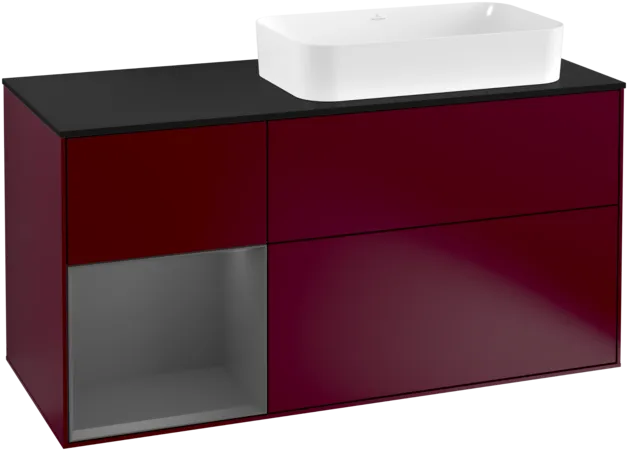 VILLEROY BOCH Toaletní skříňka Finion, s osvětlením, 3 výsuvy, 1200 x 603 x 501 mm, Pivoňka matný lak / Antracit matný lak / Sklo černé matné #F272GKHB