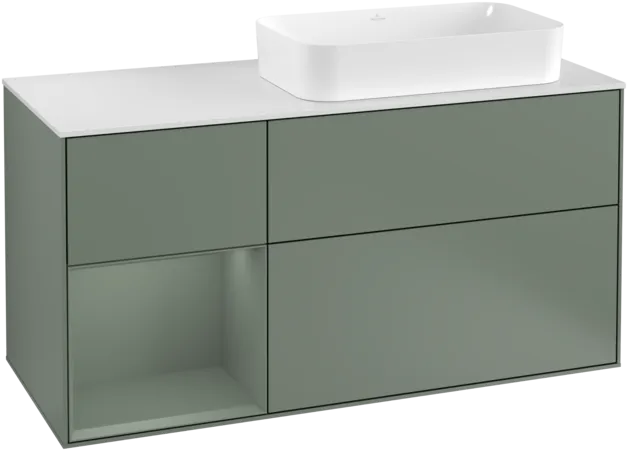 VILLEROY BOCH Toaletní skříňka Finion, s osvětlením, 3 výsuvy, 1200 x 603 x 501 mm, olivově matný lak / olivově matný lak / sklo bílé matné #F271GMGM