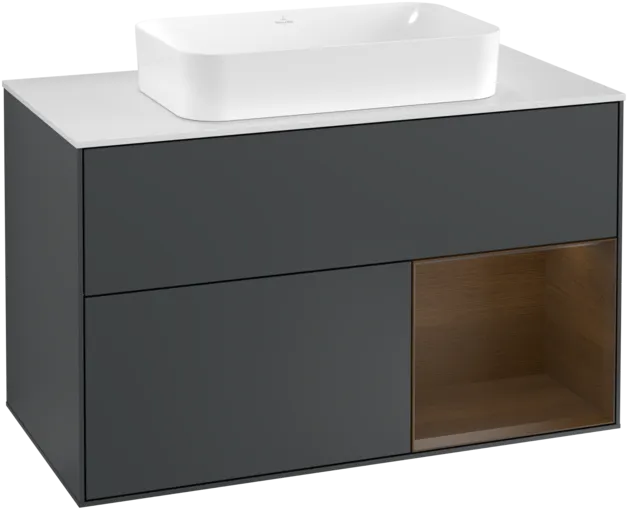 VILLEROY BOCH Toaletní skříňka Finion, s osvětlením, 2 výsuvy, 1000 x 603 x 501 mm, půlnočně modrý matný lak / ořechová dýha / bílé matné sklo #F251GNHG