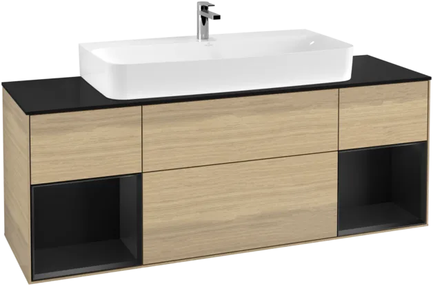 VILLEROY BOCH Toaletní skříňka Finion, s osvětlením, 4 výsuvy, 1600 x 603 x 501 mm, dubová dýha / černý matný lak / černé matné sklo #F212PDPC