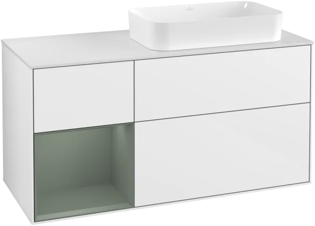 VILLEROY BOCH Toaletní skříňka Finion, s osvětlením, 3 výsuvy, 1200 x 603 x 501 mm, lesklý bílý lak / olivově matný lak / sklo bílé matné #F271GMGF