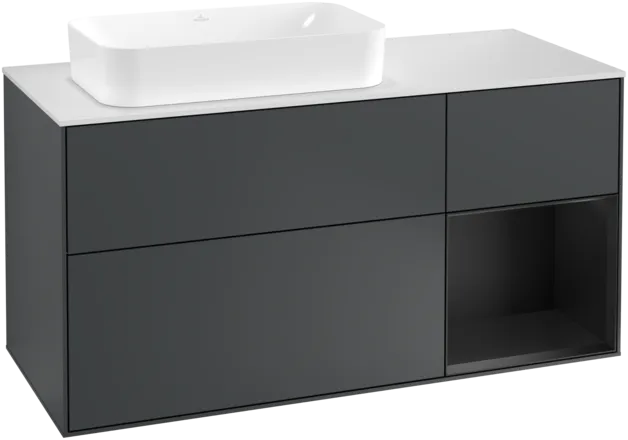 VILLEROY BOCH Toaletní skříňka Finion, s osvětlením, 3 výsuvy, 1200 x 603 x 501 mm, Midnight Blue Matt Lacquer / Black Matt Lacquer / Glass White Matt #F281PDHG