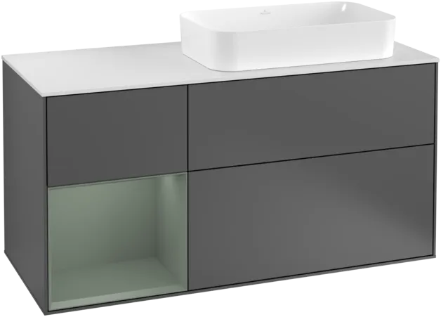 VILLEROY BOCH Toaletní skříňka Finion, s osvětlením, 3 výsuvy, 1200 x 603 x 501 mm, antracitový matný lak / olivový matný lak / bílé matné sklo #F271GMGK