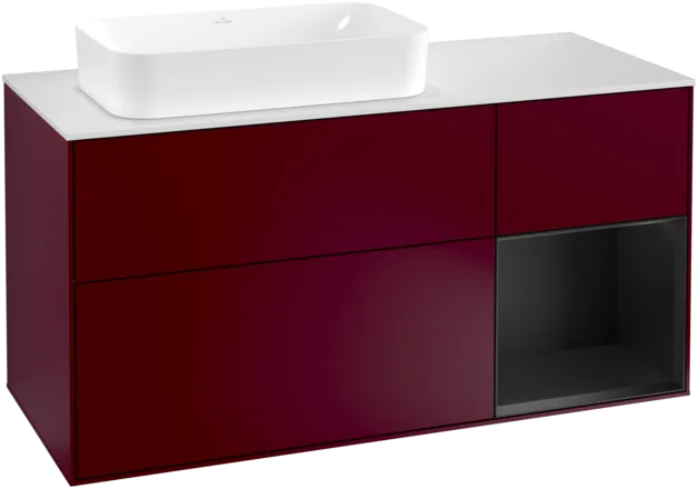 VILLEROY BOCH Toaletní skříňka Finion, s osvětlením, 3 výsuvy, 1200 x 603 x 501 mm, Pivoňka matný lak / Černý matný lak / Sklo bílé matné #F281PDHB
