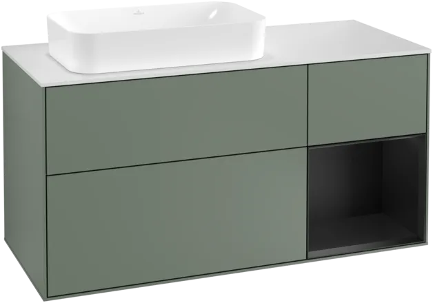 VILLEROY BOCH Toaletní skříňka Finion, s osvětlením, 3 výsuvy, 1200 x 603 x 501 mm, olivový matný lak / černý matný lak / bílé matné sklo #F281PDGM