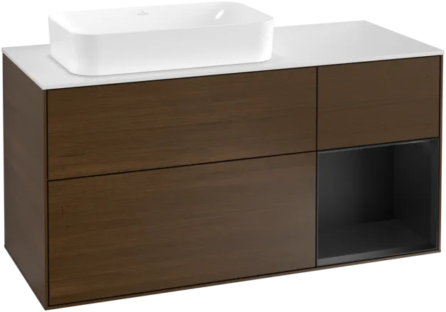 VILLEROY BOCH Toaletní skříňka Finion, s osvětlením, 3 výsuvy, 1200 x 603 x 501 mm, ořechová dýha / černý matný lak / sklo bílé matné #F281PDGN