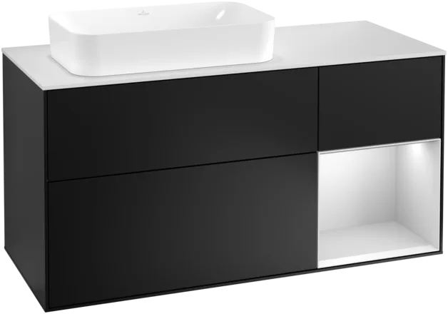 VILLEROY BOCH Toaletní skříňka Finion, s osvětlením, 3 výsuvy, 1200 x 603 x 501 mm, černý matný lak / bílý matný lak / bílé matné sklo #F281MTPD