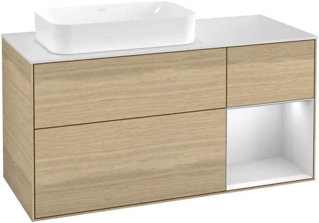 VILLEROY BOCH Toaletní skříňka Finion, s osvětlením, 3 výsuvy, 1200 x 603 x 501 mm, dubová dýha / bílý matný lak / bílé matné sklo #F281MTPC