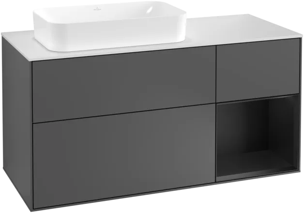 VILLEROY BOCH Toaletní skříňka Finion, s osvětlením, 3 výsuvy, 1200 x 603 x 501 mm, antracitový matný lak / černý matný lak / bílé matné sklo #F281PDGK