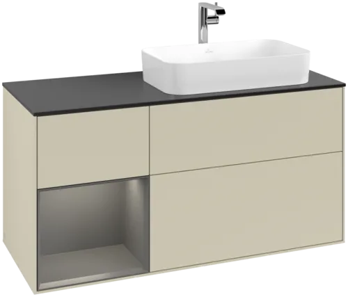 VILLEROY BOCH Toaletní skříňka Finion, s osvětlením, 3 výsuvy, 1200 x 603 x 501 mm, hedvábně šedý matný lak / antracitový matný lak / černé matné sklo #F272GKHJ