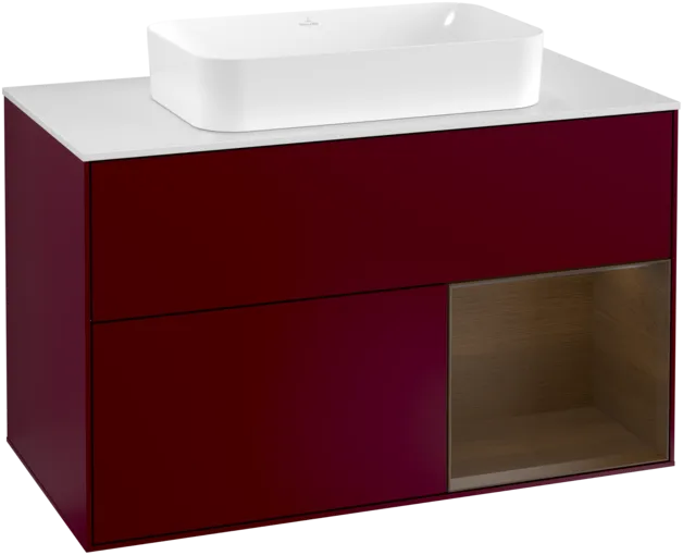 VILLEROY BOCH Toaletní skříňka Finion, s osvětlením, 2 výsuvy, 1000 x 603 x 501 mm, matný lak Peony / ořechová dýha / bílé matné sklo #F251GNHB