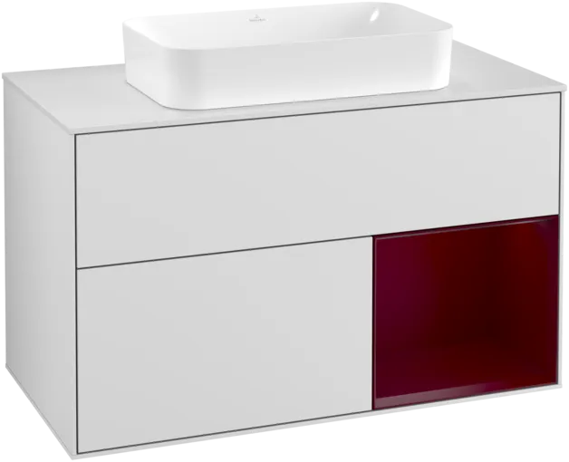 VILLEROY BOCH Toaletní skříňka Finion, s osvětlením, 2 výsuvy, 1000 x 603 x 501 mm, bílý matný lak / pivoňkový matný lak / bílé matné sklo #F251HBMT