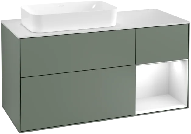 VILLEROY BOCH Toaletní skříňka Finion, s osvětlením, 3 výsuvy, 1200 x 603 x 501 mm, olivově matný lak / lesklý bílý lak / sklo bílé matné #F281GFGM