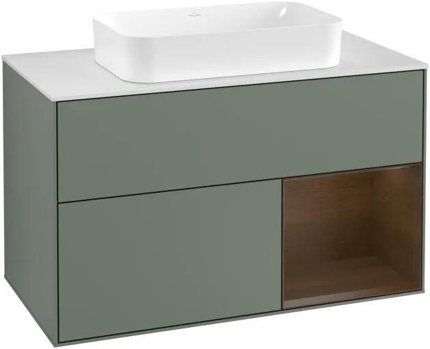 VILLEROY BOCH Toaletní skříňka Finion, s osvětlením, 2 výsuvy, 1000 x 603 x 501 mm, olivový matný lak / ořechová dýha / sklo bílé matné #F251GNGM