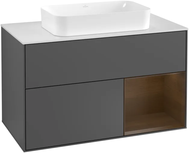 VILLEROY BOCH Toaletní skříňka Finion, s osvětlením, 2 výsuvy, 1000 x 603 x 501 mm, antracit matný lak / ořechová dýha / sklo bílé matné #F251GNGK