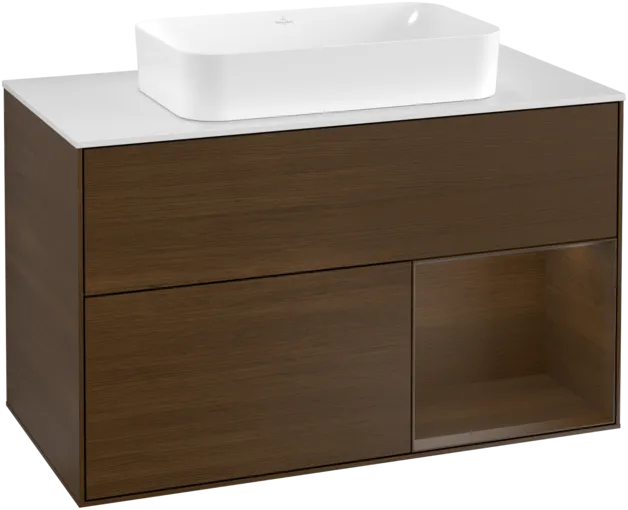 VILLEROY BOCH Toaletní stolek Finion, s osvětlením, 2 výsuvy, 1000 x 603 x 501 mm, ořechová dýha / ořechová dýha / sklo bílé matné #F251GNGN
