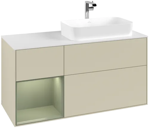 VILLEROY BOCH Toaletní skříňka Finion, s osvětlením, 3 výsuvy, 1200 x 603 x 501 mm, hedvábně šedý matný lak / olivový matný lak / bílé matné sklo #F271GMHJ
