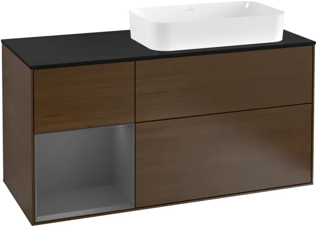 VILLEROY BOCH Toaletní skříňka Finion, s osvětlením, 3 výsuvy, 1200 x 603 x 501 mm, ořechová dýha / antracitový matný lak / černé matné sklo #F272GKGN