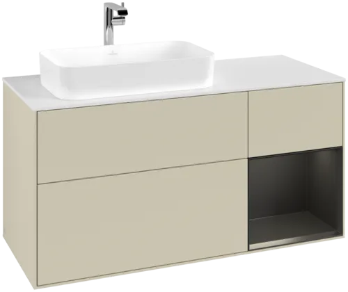 VILLEROY BOCH Toaletní skříňka Finion, s osvětlením, 3 výsuvy, 1200 x 603 x 501 mm, hedvábně šedý matný lak / černý matný lak / bílé matné sklo #F281PDHJ