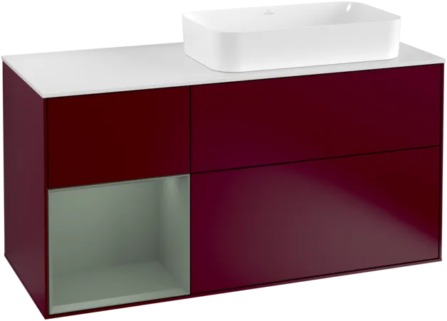 VILLEROY BOCH Toaletní skříňka Finion, s osvětlením, 3 výsuvy, 1200 x 603 x 501 mm, Pivoňka matný lak / Olivový matný lak / Sklo bílé matné #F271GMHB