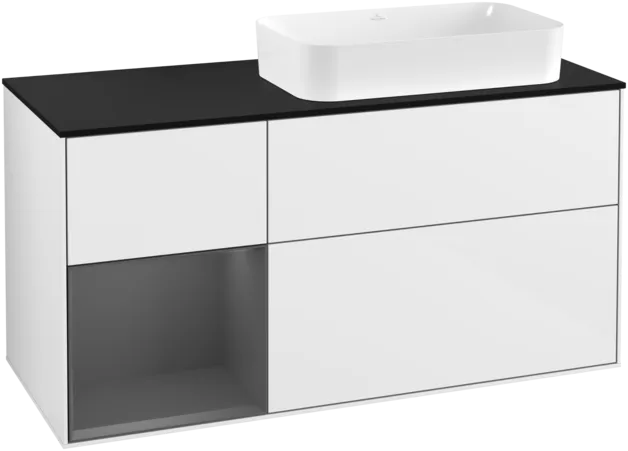 VILLEROY BOCH Toaletní skříňka Finion, s osvětlením, 3 výsuvy, 1200 x 603 x 501 mm, lesklý bílý lak / antracitový matný lak / černé matné sklo #F272GKGF