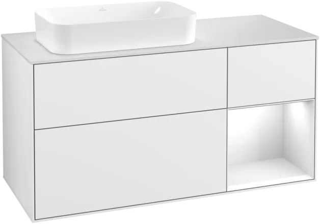 VILLEROY BOCH Toaletní skříňka Finion, s osvětlením, 3 výsuvy, 1200 x 603 x 501 mm, lesklý bílý lak / lesklý bílý lak / sklo bílé matné #F281GFGF