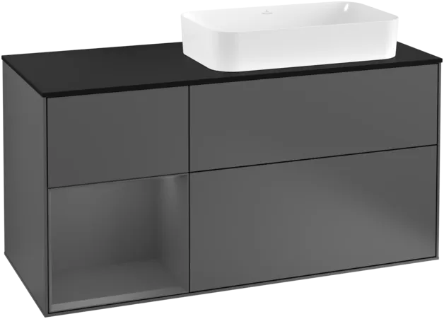 VILLEROY BOCH Toaletní skříňka Finion, s osvětlením, 3 výsuvy, 1200 x 603 x 501 mm, antracit matný lak / antracit matný lak / sklo černé matné #F272GKGK