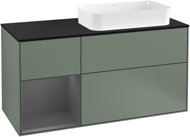 VILLEROY BOCH Toaletní skříňka Finion, s osvětlením, 3 výsuvy, 1200 x 603 x 501 mm, olivový matný lak / antracitový matný lak / černé matné sklo #F272GKGM
