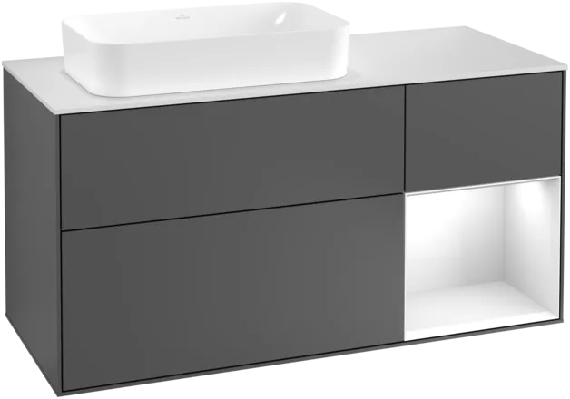 VILLEROY BOCH Toaletní skříňka Finion, s osvětlením, 3 výsuvy, 1200 x 603 x 501 mm, antracit matný lak / lesklý bílý lak / sklo bílé matné #F281GFGK