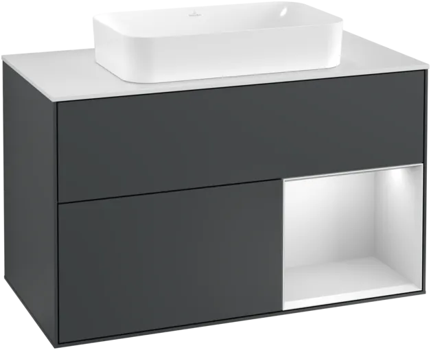 VILLEROY BOCH Toaletní skříňka Finion, s osvětlením, 2 výsuvy, 1000 x 603 x 501 mm, Midnight Blue Matt Lacquer / White Matt Lacquer / Glass White Matt #F251MTHG