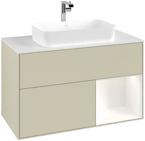 VILLEROY BOCH Toaletní skříňka Finion, s osvětlením, 2 výsuvy, 1000 x 603 x 501 mm, Silk Grey Matt Lacquer / White Matt Lacquer / Glass White Matt #F251MTHJ