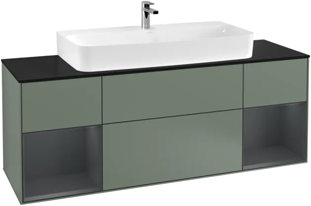 VILLEROY BOCH Toaletní skříňka Finion, s osvětlením, 4 výsuvy, 1600 x 603 x 501 mm, olivový matný lak / půlnoční modrý matný lak / černé matné sklo #F212HGGM