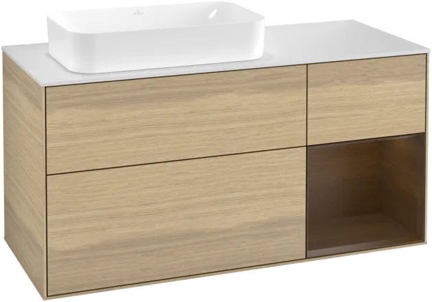 VILLEROY BOCH Toaletní skříňka Finion, s osvětlením, 3 výsuvy, 1200 x 603 x 501 mm, dubová dýha / ořechová dýha / sklo bílé matné #F281GNPC