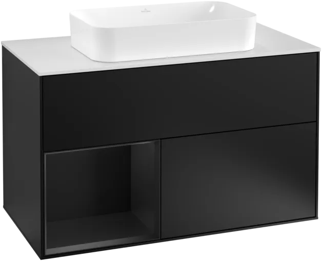 VILLEROY BOCH Toaletní skříňka Finion, s osvětlením, 2 výsuvy, 1000 x 603 x 501 mm, černý matný lak / černý matný lak / sklo bílé matné #F241PDPD