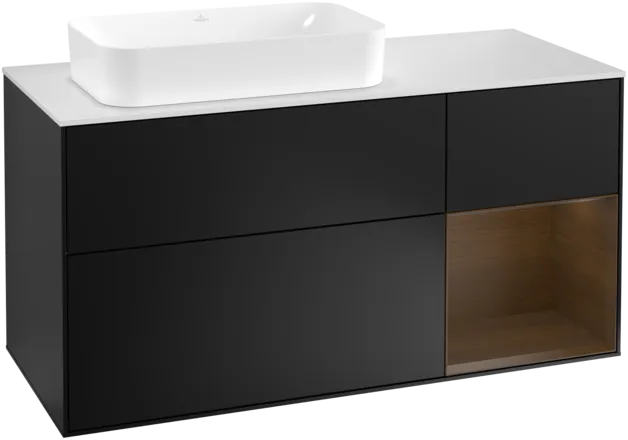 VILLEROY BOCH Toaletní skříňka Finion, s osvětlením, 3 výsuvy, 1200 x 603 x 501 mm, černý matný lak / ořechová dýha / bílé matné sklo #F281GNPD