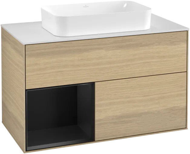 VILLEROY BOCH Toaletní skříňka Finion, s osvětlením, 2 výsuvy, 1000 x 603 x 501 mm, dubová dýha / černý matný lak / sklo bílé matné #F241PDPC